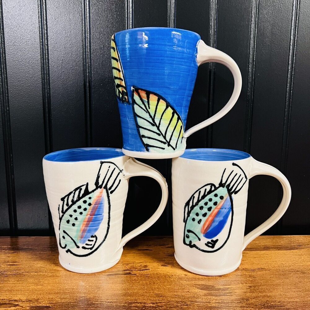 3 Beautiful FISH Leaf Studio Art Pottery Handmade Coffee Mug Cup Hand Crafted